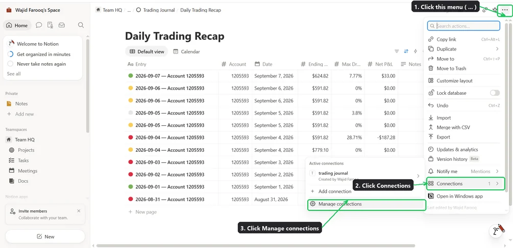 Notion workspace showing the Trading Journal page with linked Daily Trading Recap and Trades databases